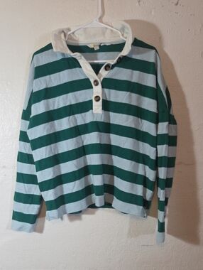 Phillipa Rugby Top Womens Size 14 Cropped Long Sleeve Polo Green Light Blue